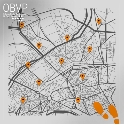 Stadtplan mit Markierungspunkten in Orange und Schuhabrücke auf einem Stadtplan